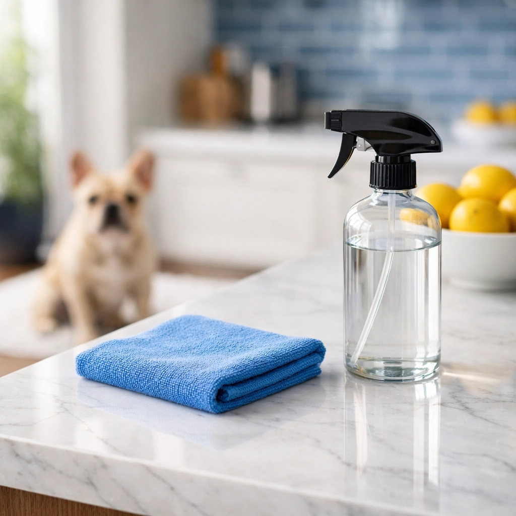 Pet-safe eco-friendly deep cleaning Cambridge MA in a modern kitchen featuring polished marble countertops.