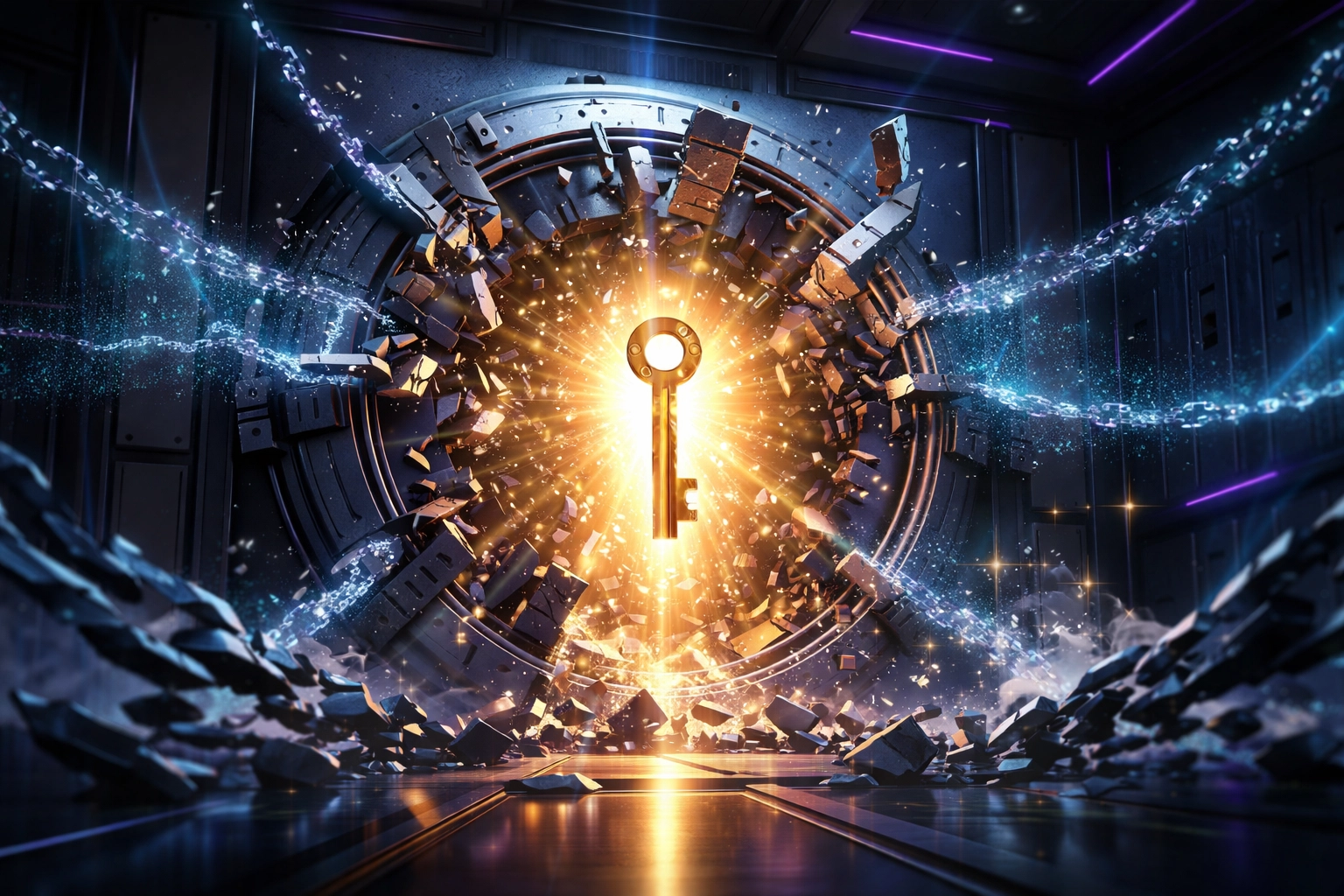 A digital vault bursts open revealing a golden key, symbolizing self-custody and financial sovereignty in Web3 payments.