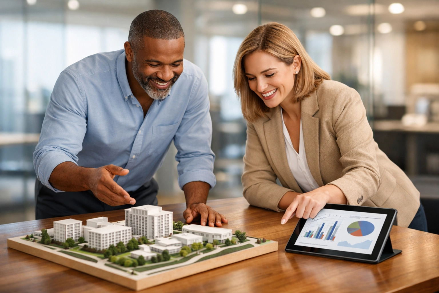 Experts reviewing development models to maximize ROI through construction project management services.