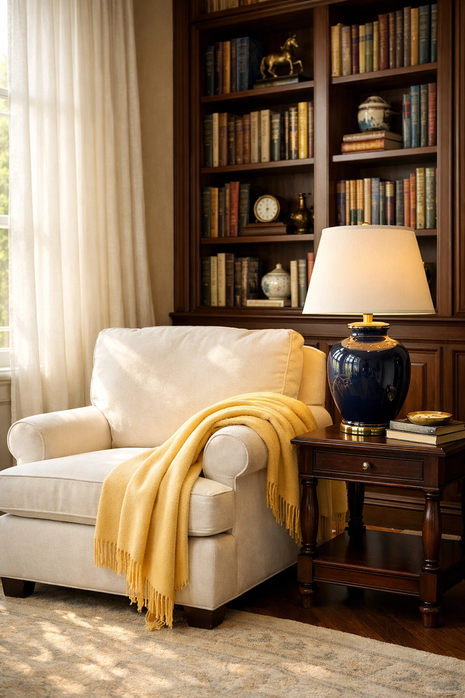 A dust-free reading nook in a Southborough home showcasing the peace of mind from professional house cleaning.