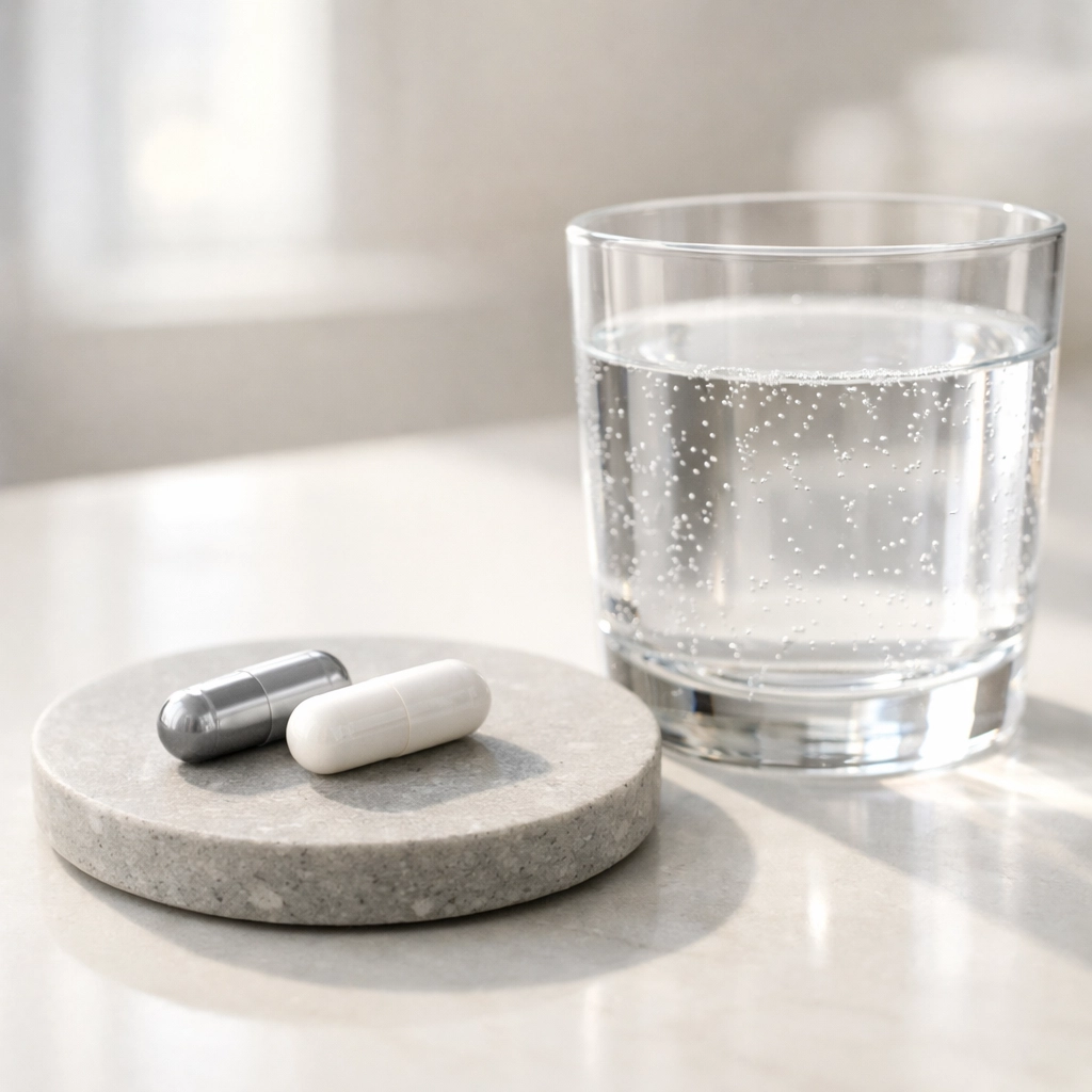 Two Mens Test Boost capsules next to a glass of water for a simple, daily natural vitality routine.