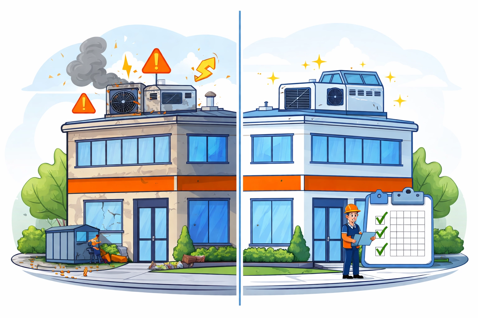 Illustration comparing neglected versus well-maintained commercial HVAC systems to highlight proactive planning benefits.