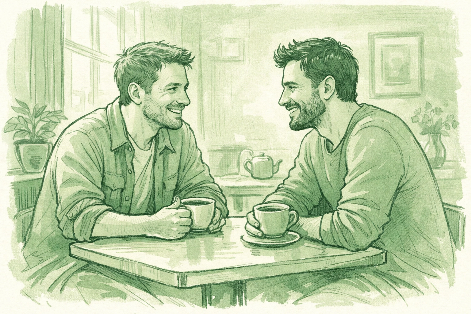 Two men on authentic in-person date at café after meeting through gay dating app