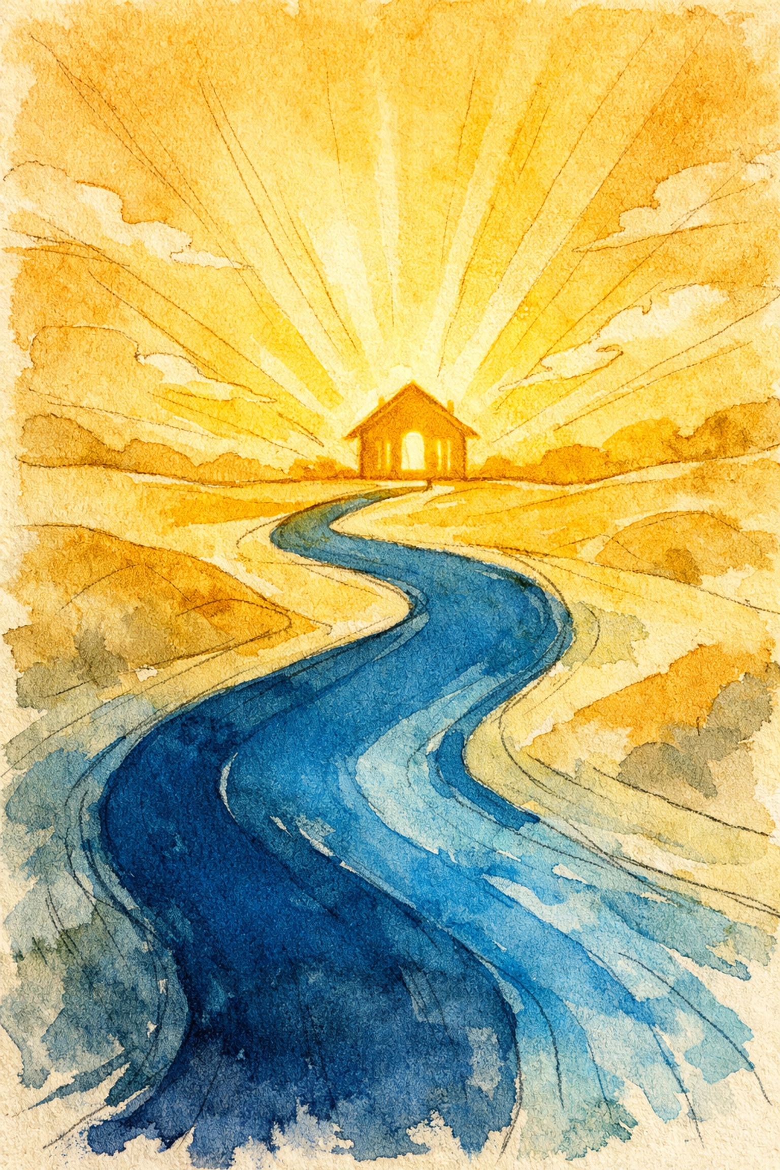 A peaceful path leading toward a glowing sanctuary, symbolizing a spiritual journey home.