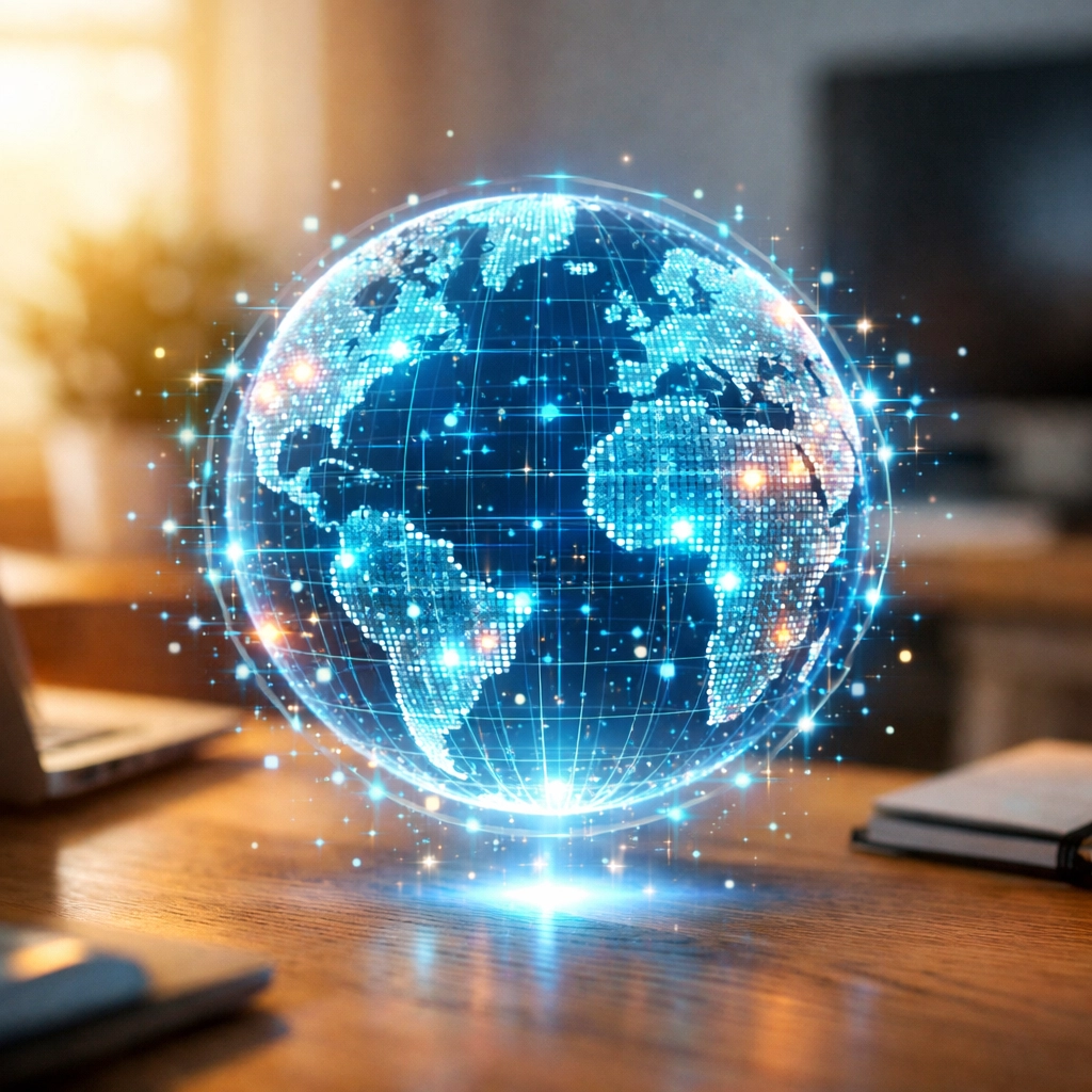 AI-driven SEO data network over a desk, showing the new pace of SEO services for small business