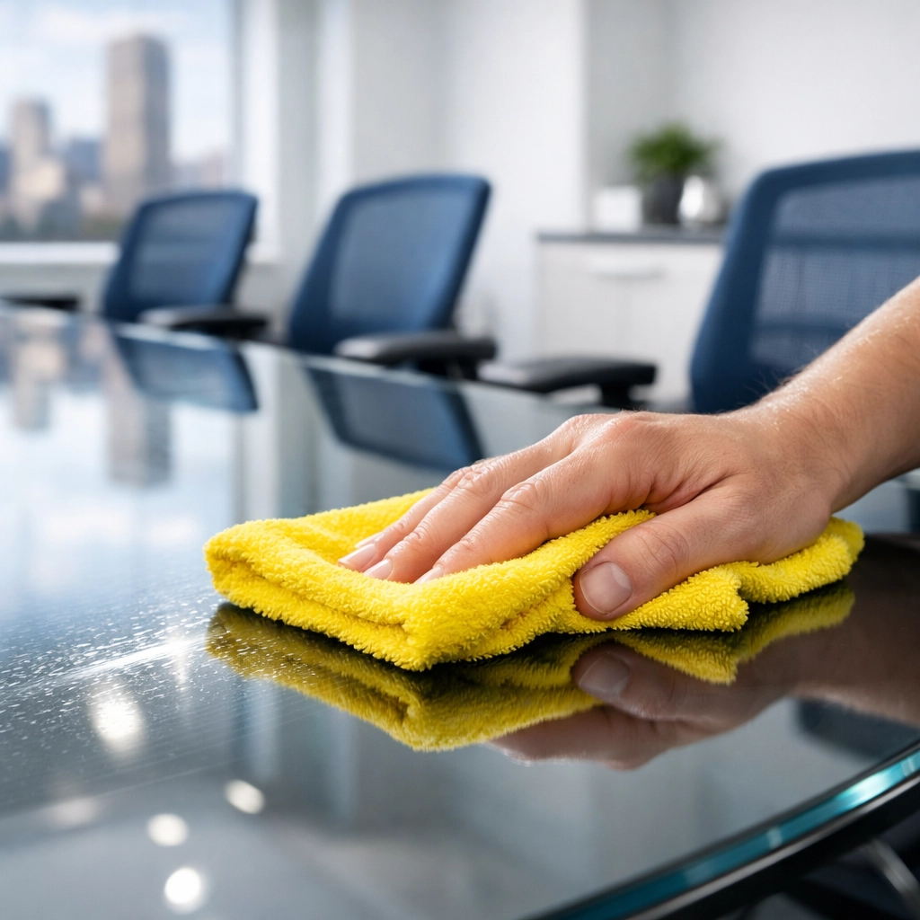 Streak-free glass conference table being cleaned by premium janitorial services Massachusetts.