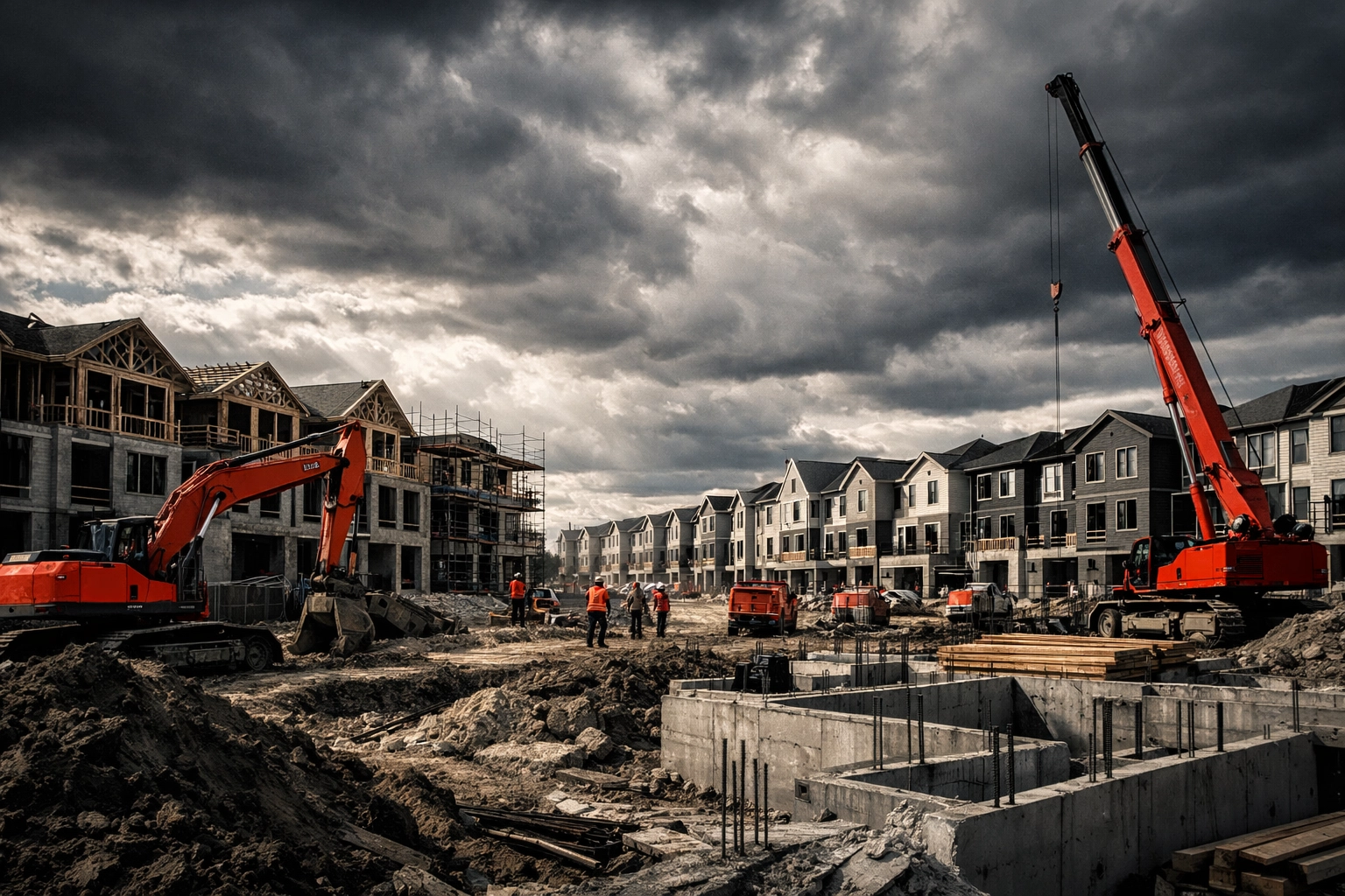 New suburban housing construction and cranes in an expanding Canadian city to meet rising infrastructure demands.