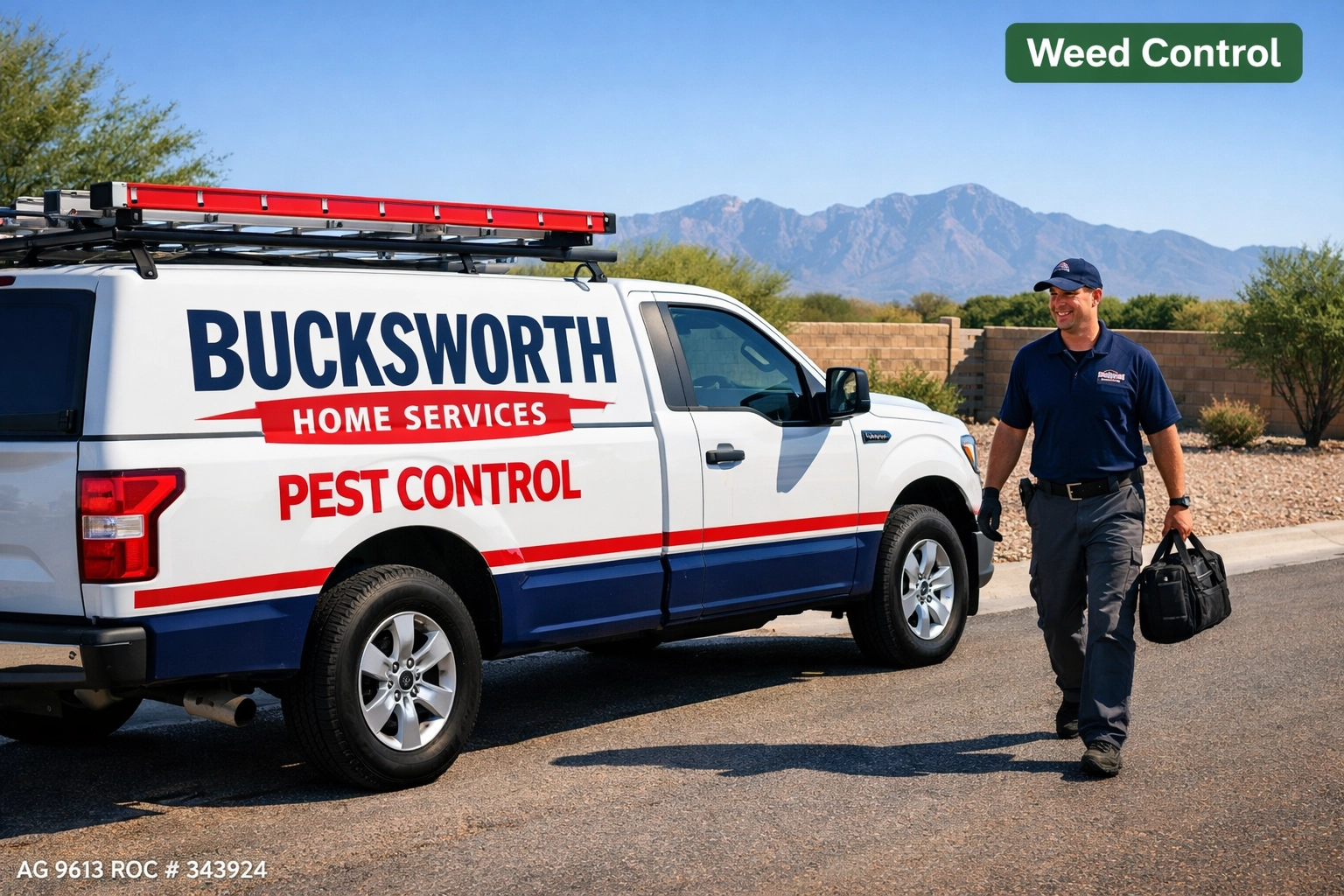 Bucksworth Home Services truck parked at a weed-free home in a Sahuarita, AZ neighborhood.