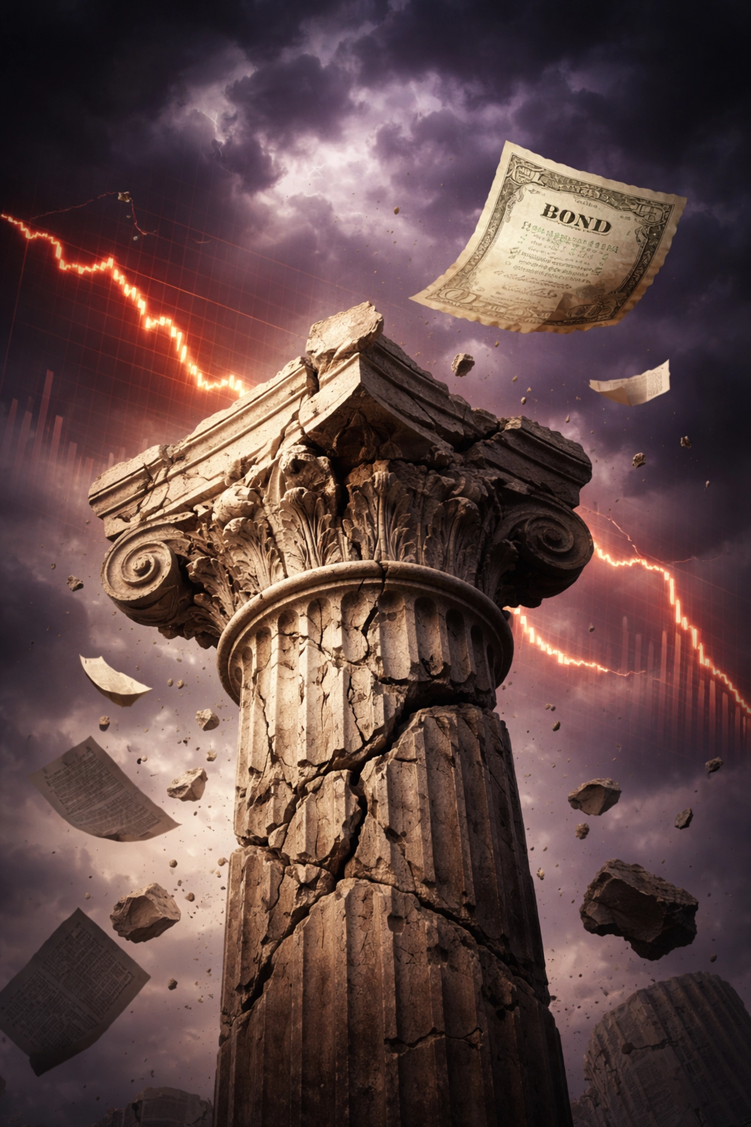 Crumbling classical column under stormy sky symbolizing the risks of traditional 60/40 investing in volatile markets.