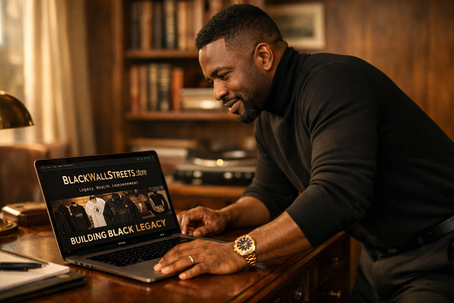 Black entrepreneur browsing Blackwallstreets.store in a modern office to support Black-owned businesses.