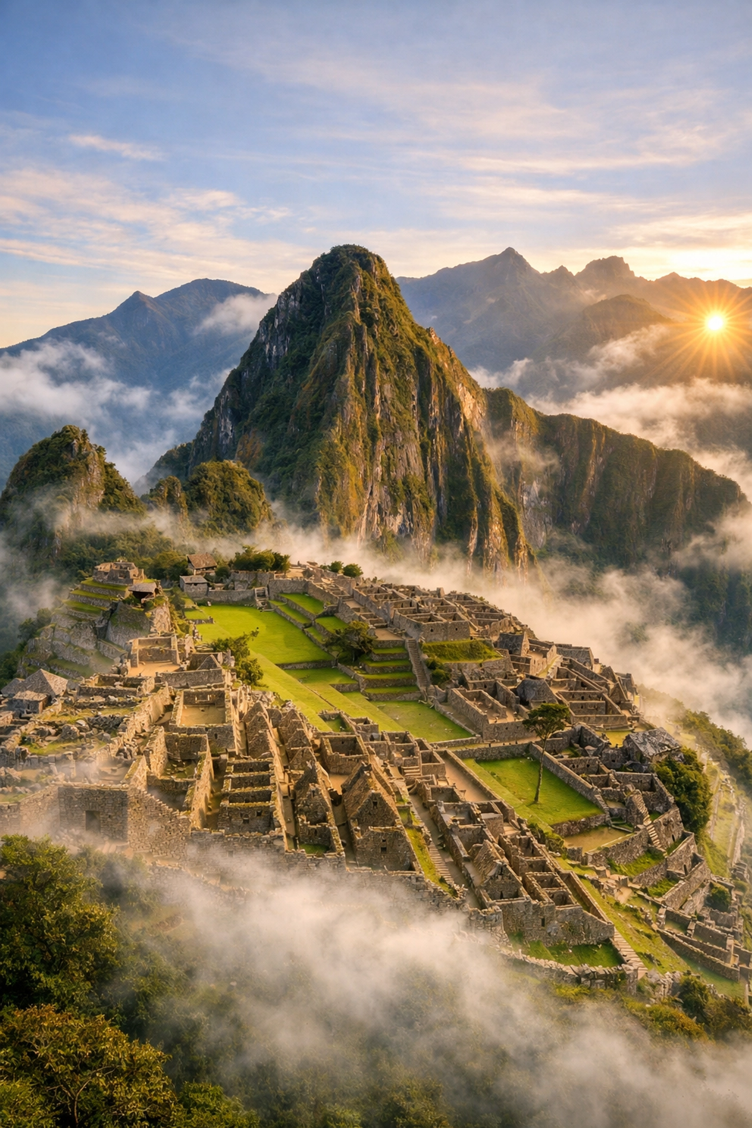 Sunrise at Machu Picchu ruins with mist, a must-visit instagrammable place on a global photo bucket list.
