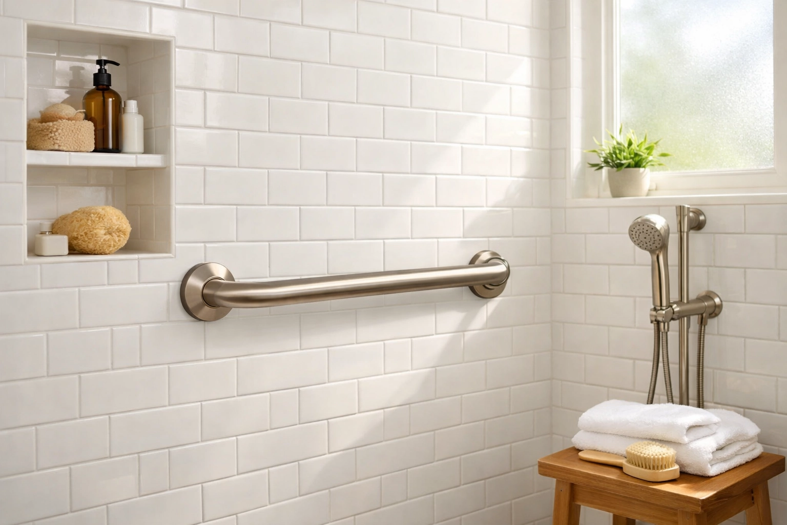 Secure brushed nickel grab bar installed in a modern tile shower for senior bathroom safety.