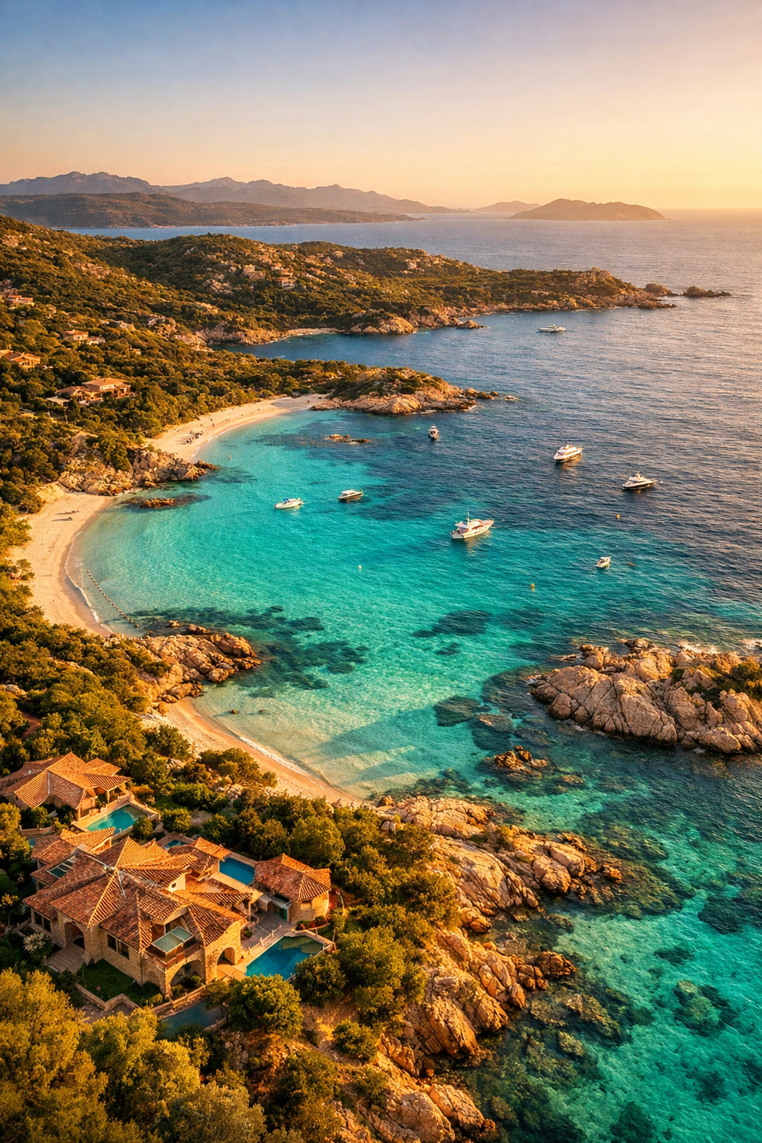 Aerial view of Costa Smeralda beaches with luxury villas and emerald waters in northwest Sardinia