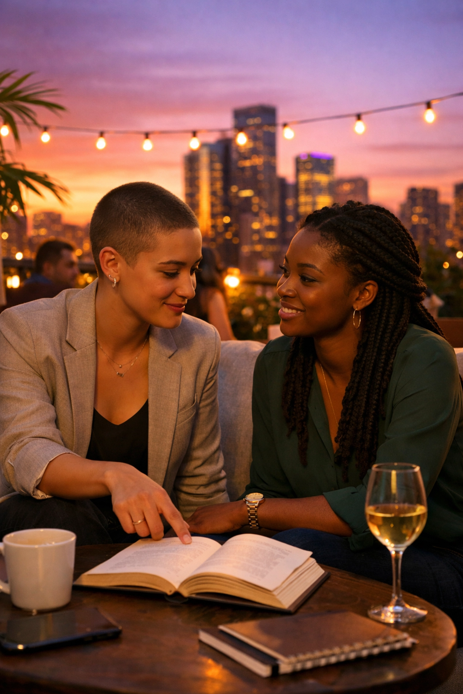LGBTQ+ professionals networking and sharing mentorship during a sunset rooftop meeting for queer leadership.