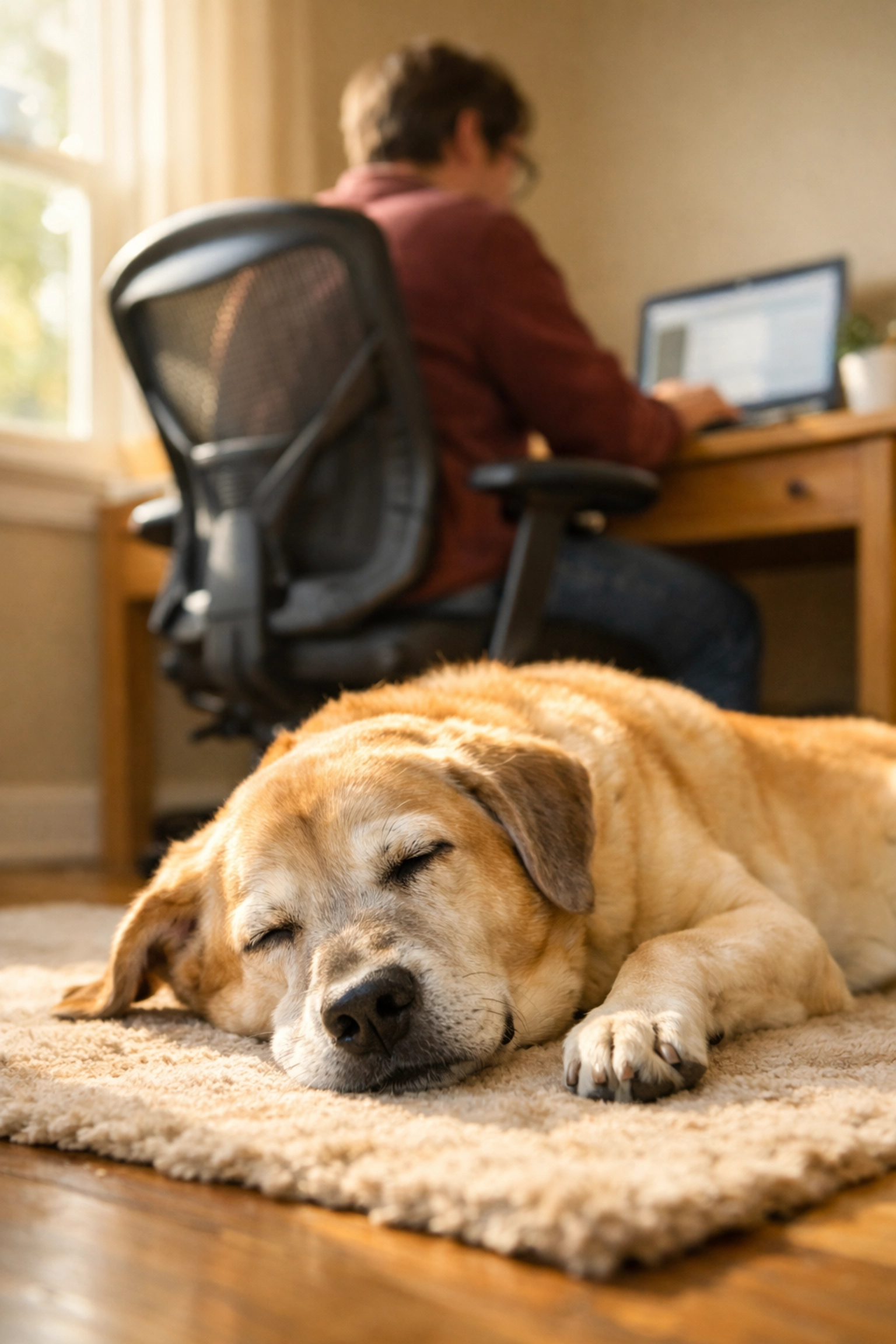A warm, brightly lit candid photograph of a senior Labrador mix with a distinguished grey muzzle, fast asleep on a soft rug next to a home office desk. In the background, a person is partially visible sitting in an office chair, focused on a laptop screen, while the dog remains completely undisturbed and peaceful. The atmosphere is serene and cozy, capturing the low-maintenance, 'couch potato' nature of an older dog in a busy, modern household. Natural sunlight streams through a nearby window, creating a soft, inviting glow on the dog’s fur.