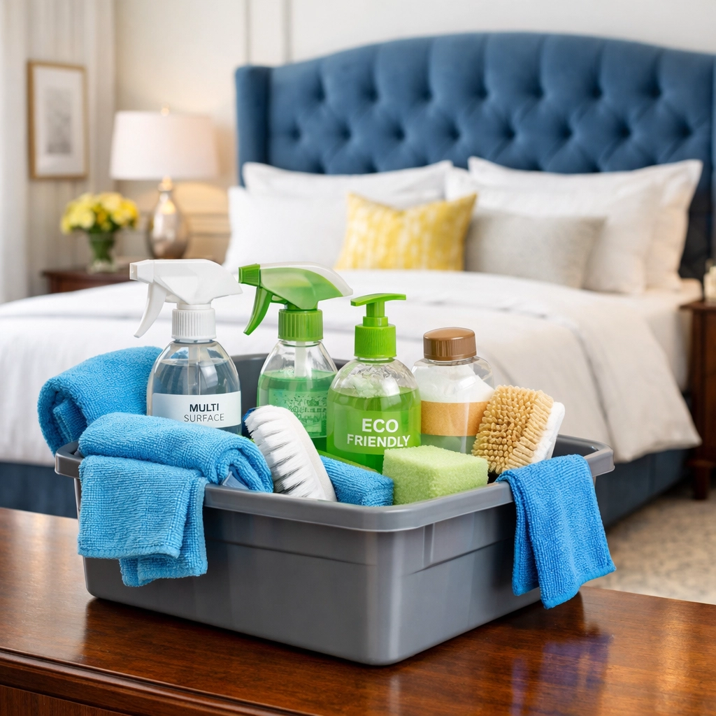 Professional eco-friendly cleaning supplies organized for a residential deep clean in Bolton, MA.