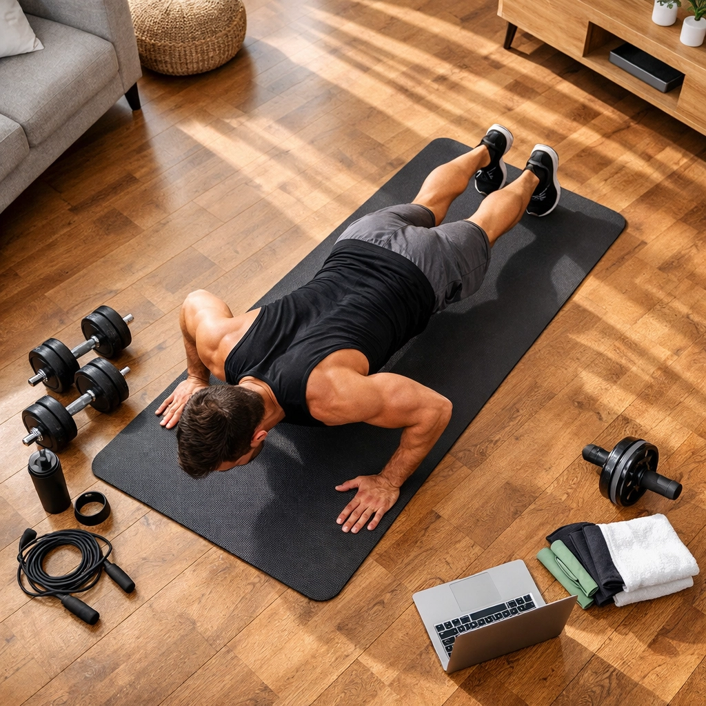 Athlete performing push-ups on mat in organized home workout space with furniture cleared from walls