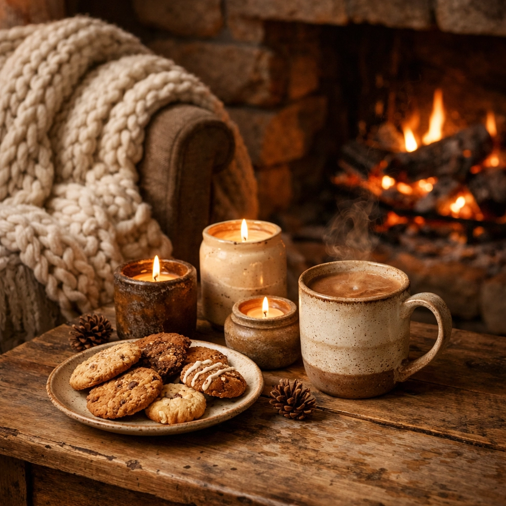 Cozy handmade gifts including hand-knitted blanket and artisan candles by fireplace