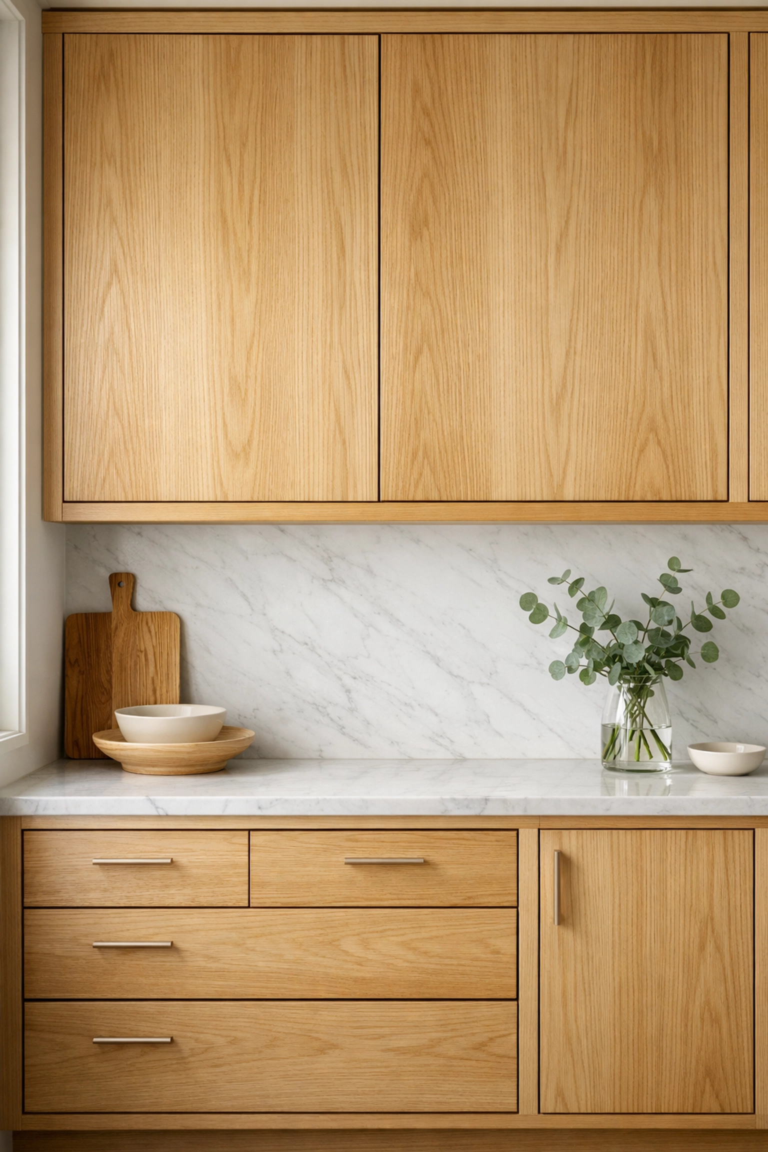 Modern kitchen featuring white oak inset cabinets with flush doors and a matte finish.