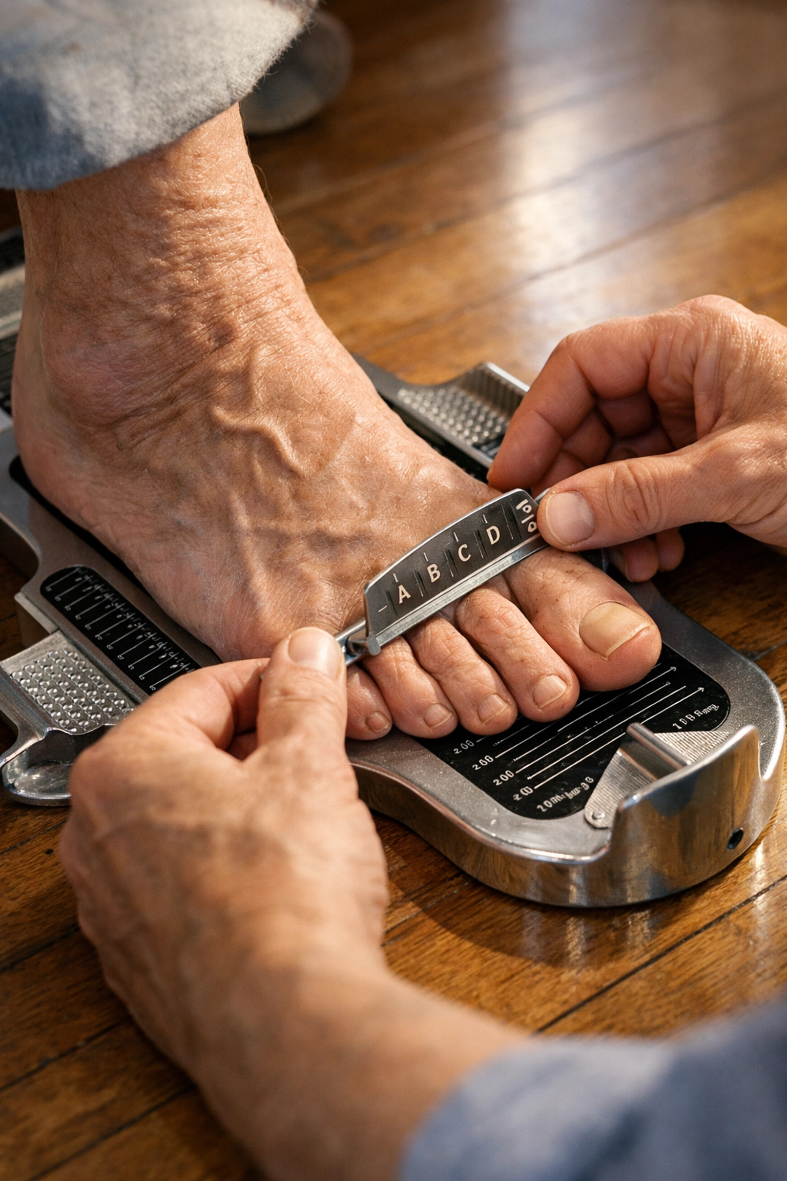 A senior man getting his foot professionally measured with a metal Brannock device for the correct shoe size.