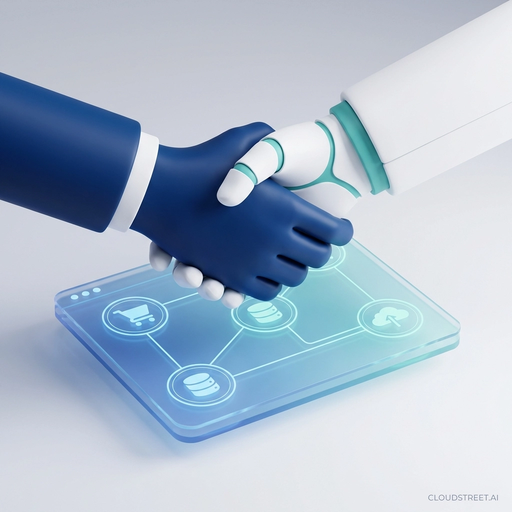 Handshake over digital commerce icons representing Salesforce B2B Commerce Cloud partnership benefits