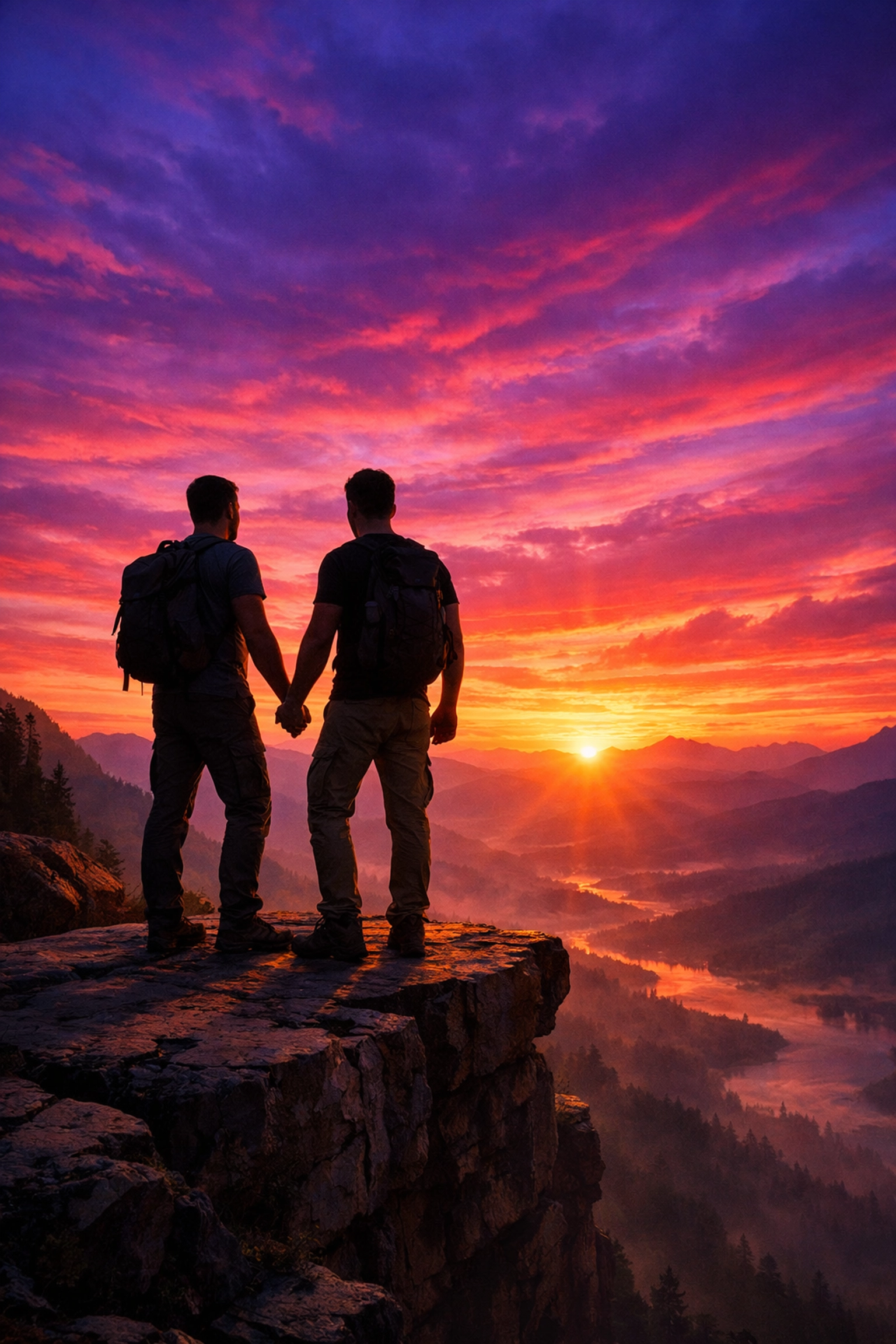 Two men holding hands on a scenic cliffside, representing the adventurous bond found in gay romance stories.