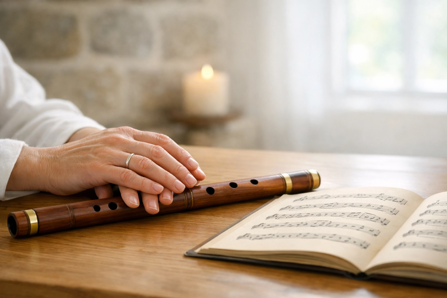 A wooden flute and musical score on a table, symbolising the peaceful vibration of sacred chants.