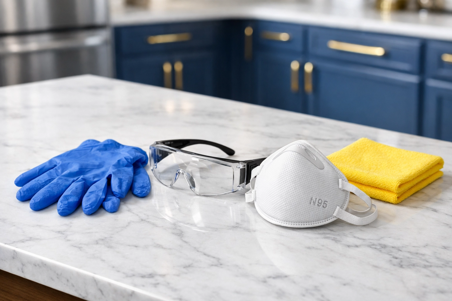 Essential post-construction safety gear including N95 respirator, goggles, and gloves on a marble counter.