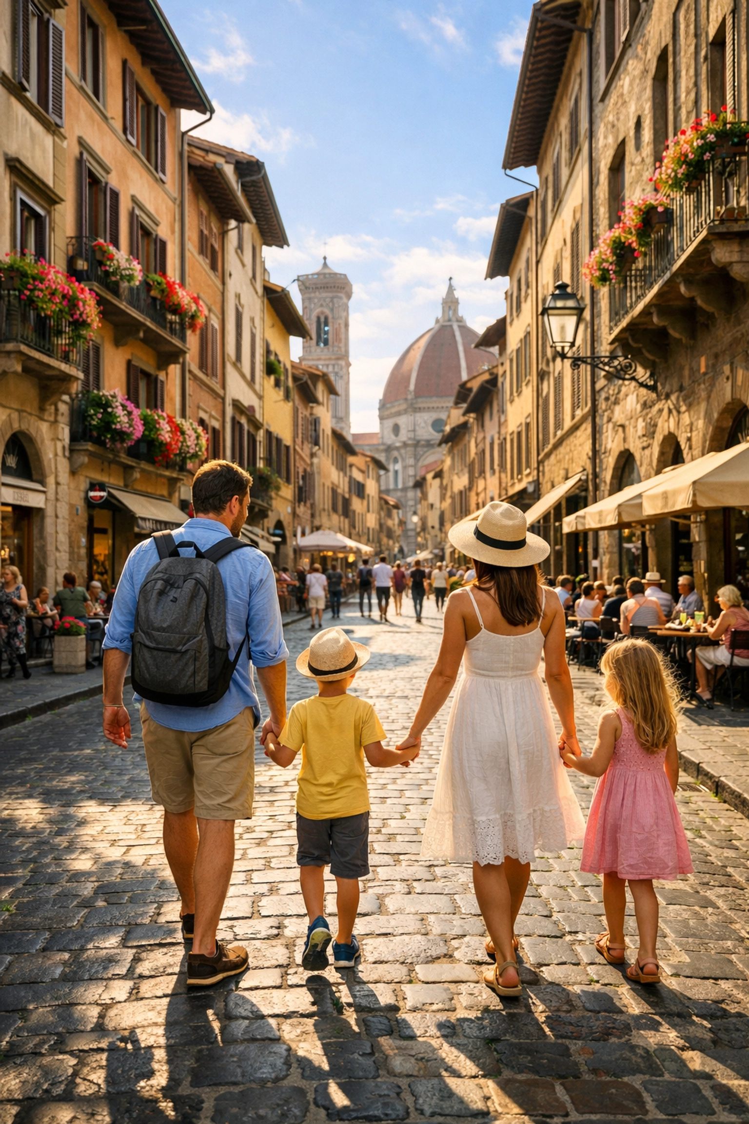 A family of four exploring historic cobblestone streets during a fun European city travel vacation.
