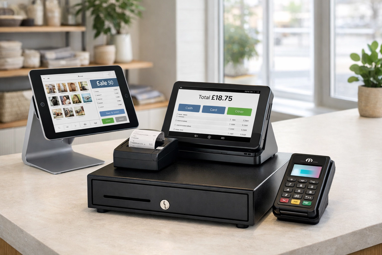 EPOS hardware setup including tablet terminal, receipt printer, cash drawer and card reader