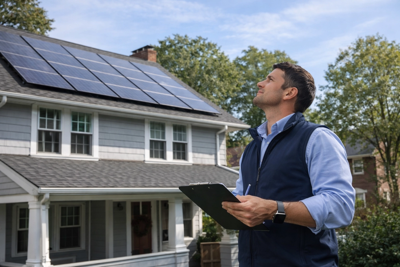 Solar consultant performing rooftop site evaluation for home solar panel installation