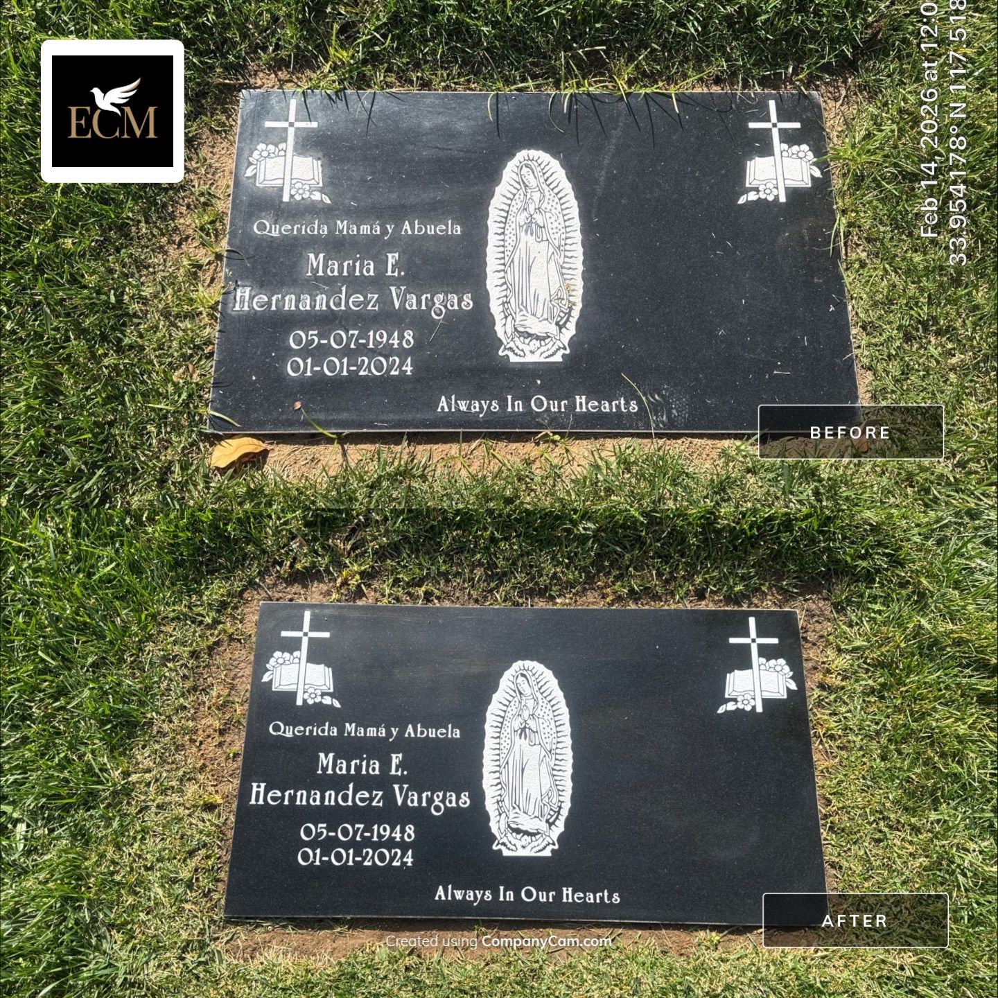 Before and after comparison of a headstone for Maria E. Hernandez Vargas