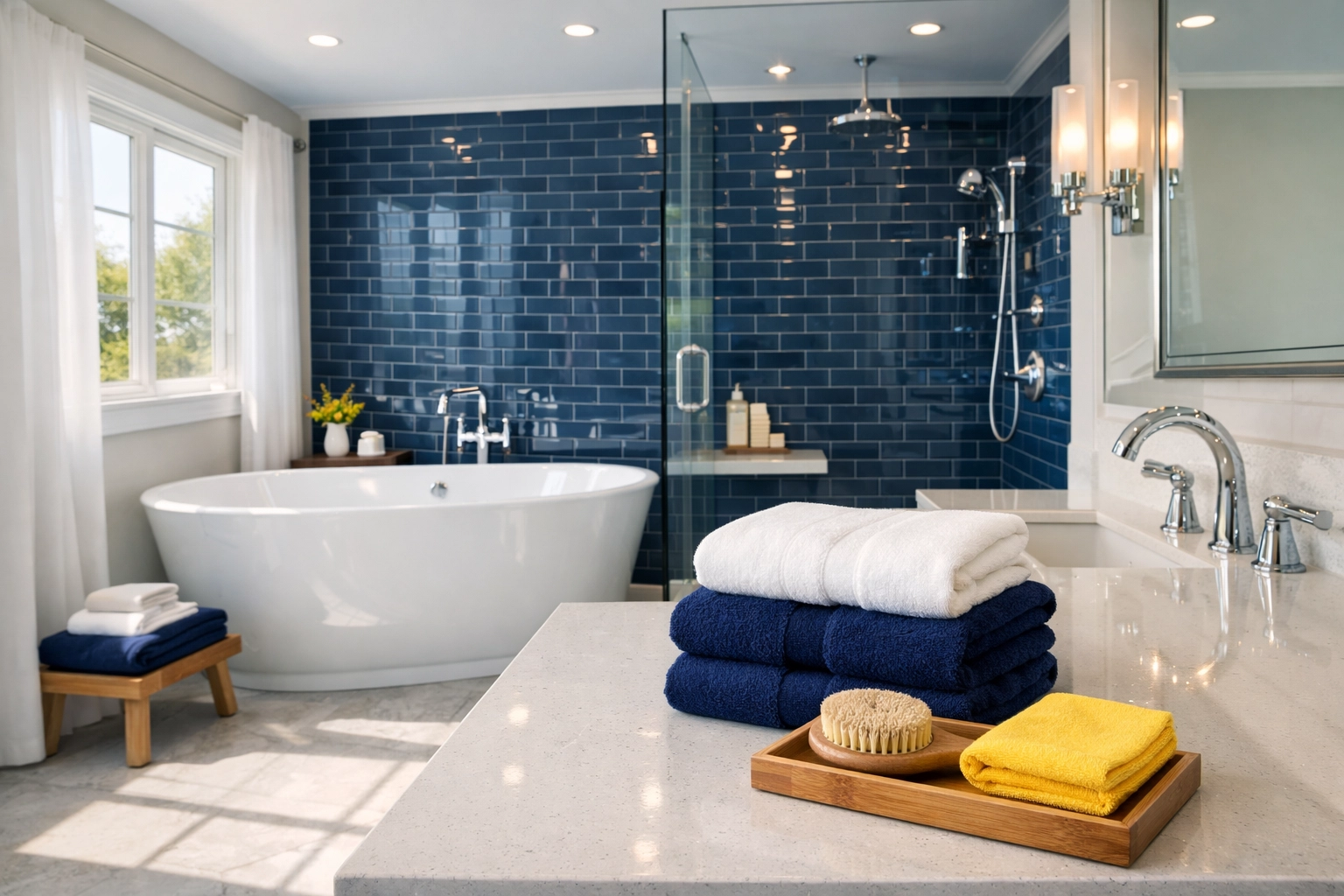 Natural sisal scrub brush and microfiber cloth on a luxury bathroom vanity for weekly eco-friendly cleaning.