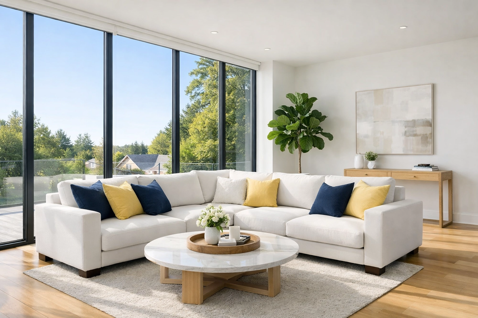 Clean and dust-free modern living room in Shrewsbury showing improved indoor air quality from regular cleaning.