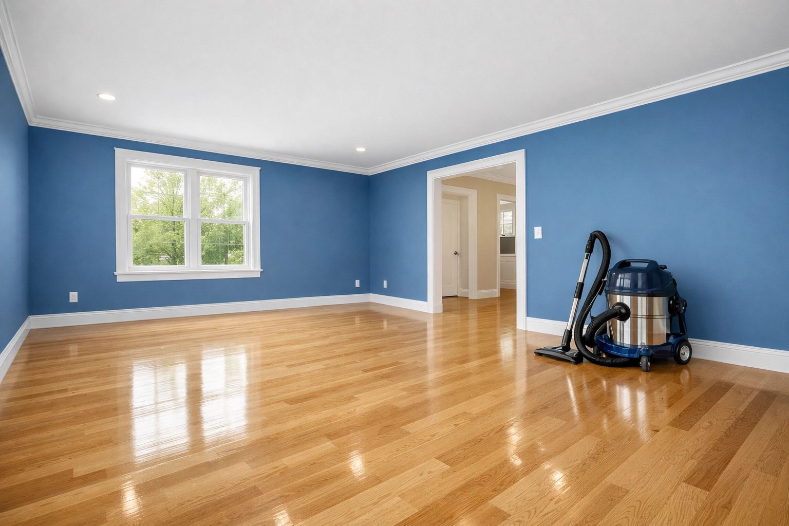 Pristine post construction cleaning Medway interior featuring polished floors and spotless white baseboards.