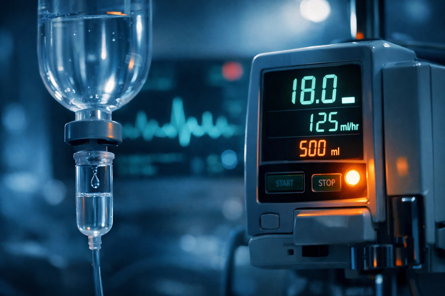 A medical infusion pump in an ICU, symbolizing the medication overdose evidence in a $70 million malpractice case.