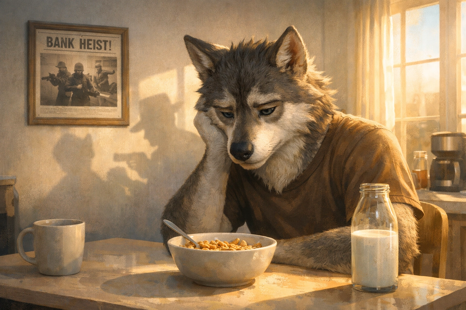 Wolf from The Bad Guys 2 reflecting on his reformed life while missing his exciting criminal past