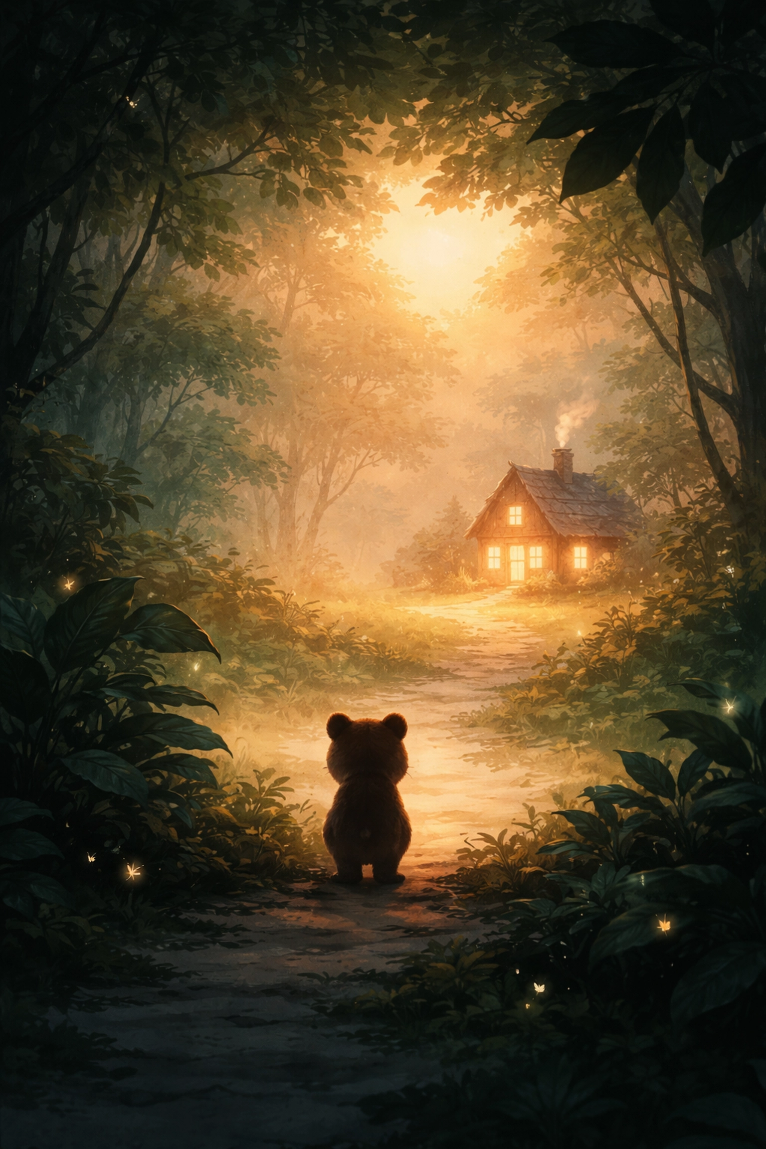Silhouette of a bear gazing at a warmly lit house from a jungle clearing, representing home and hope