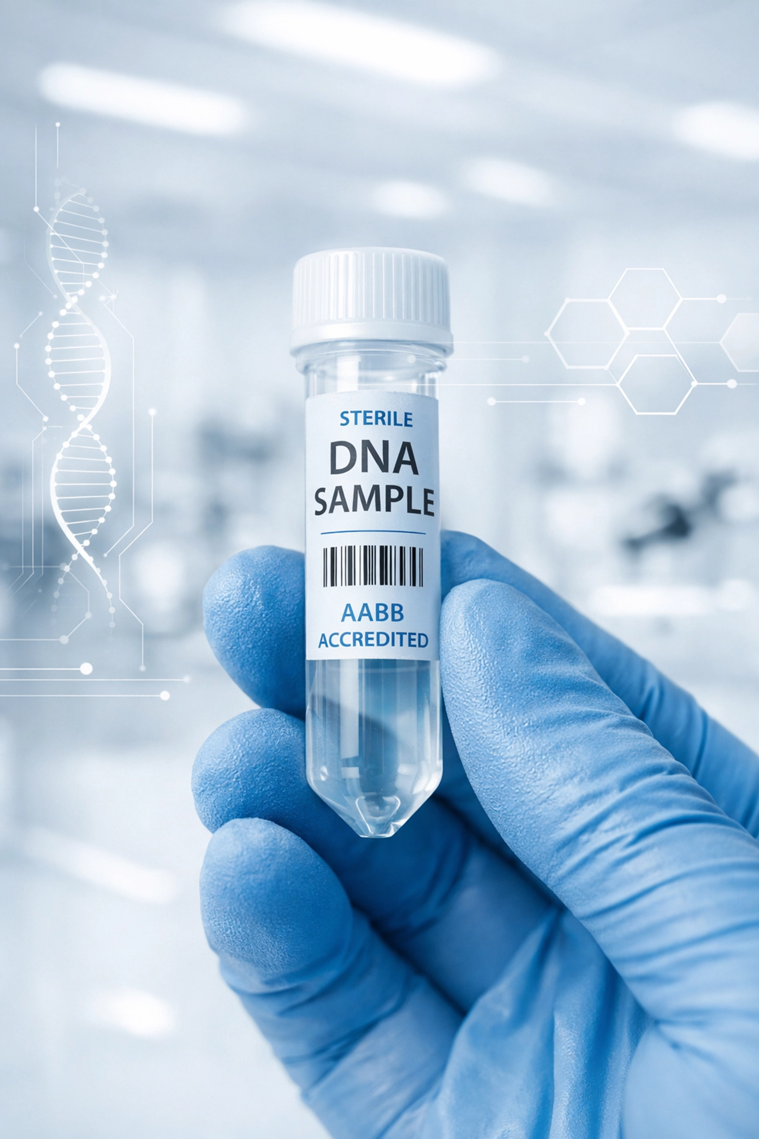 AABB-accredited laboratory DNA sample vial held by professional for legal paternity testing in Chicago.