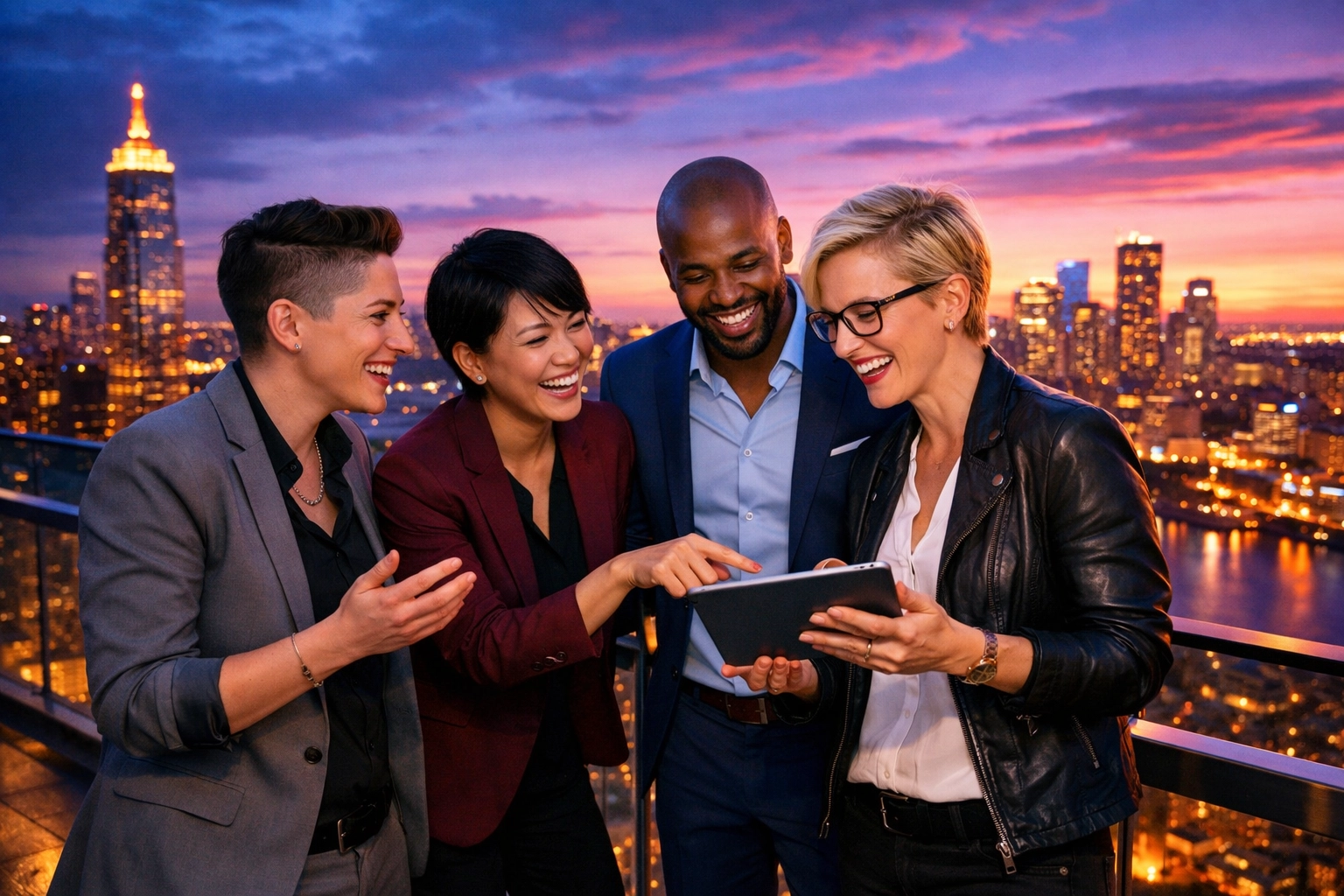 Diverse LGBTQ+ leaders networking and collaborating on a balcony to grow their queer professional development.