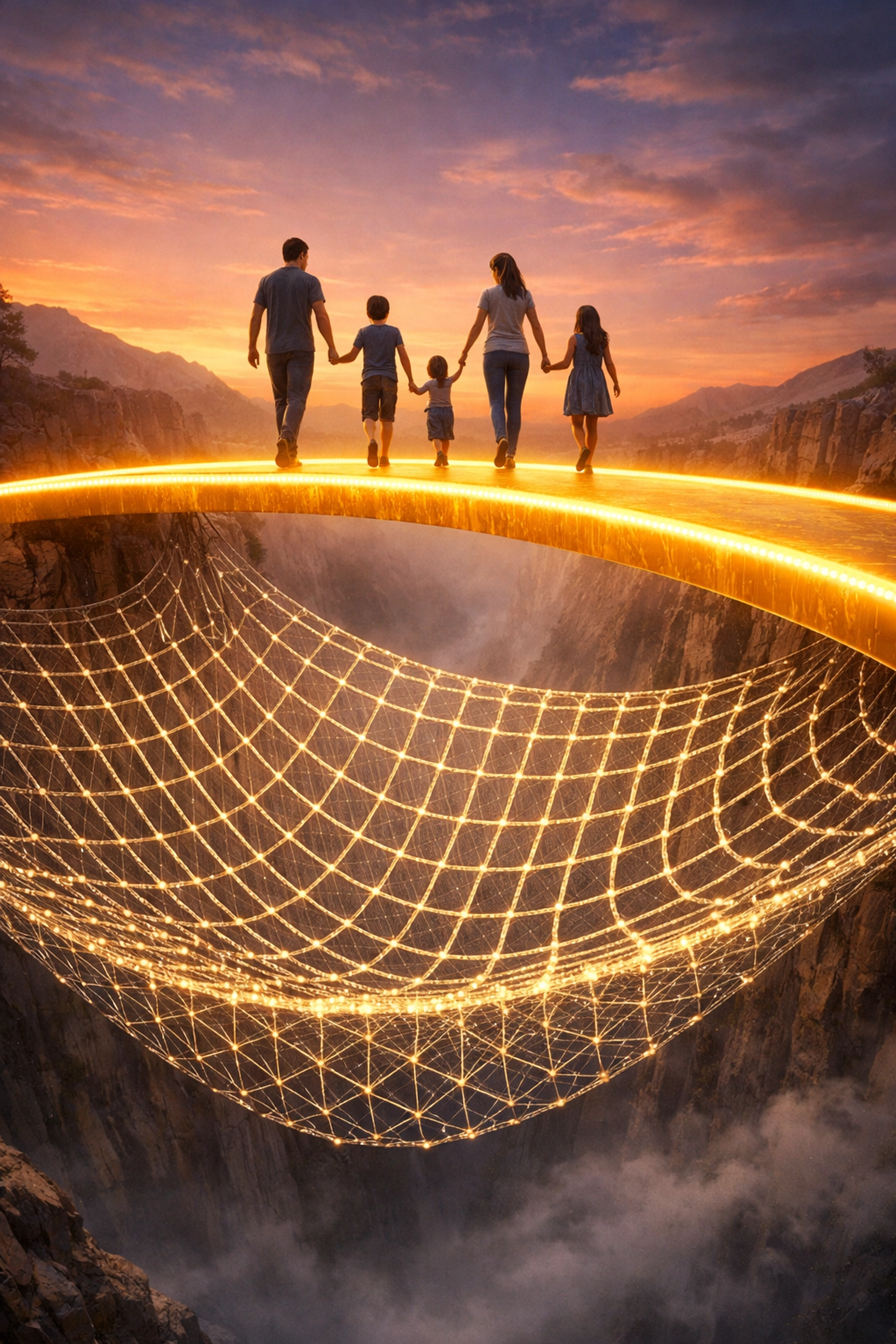 A family walking over a safety net representing financial protection and income security for homeowners.