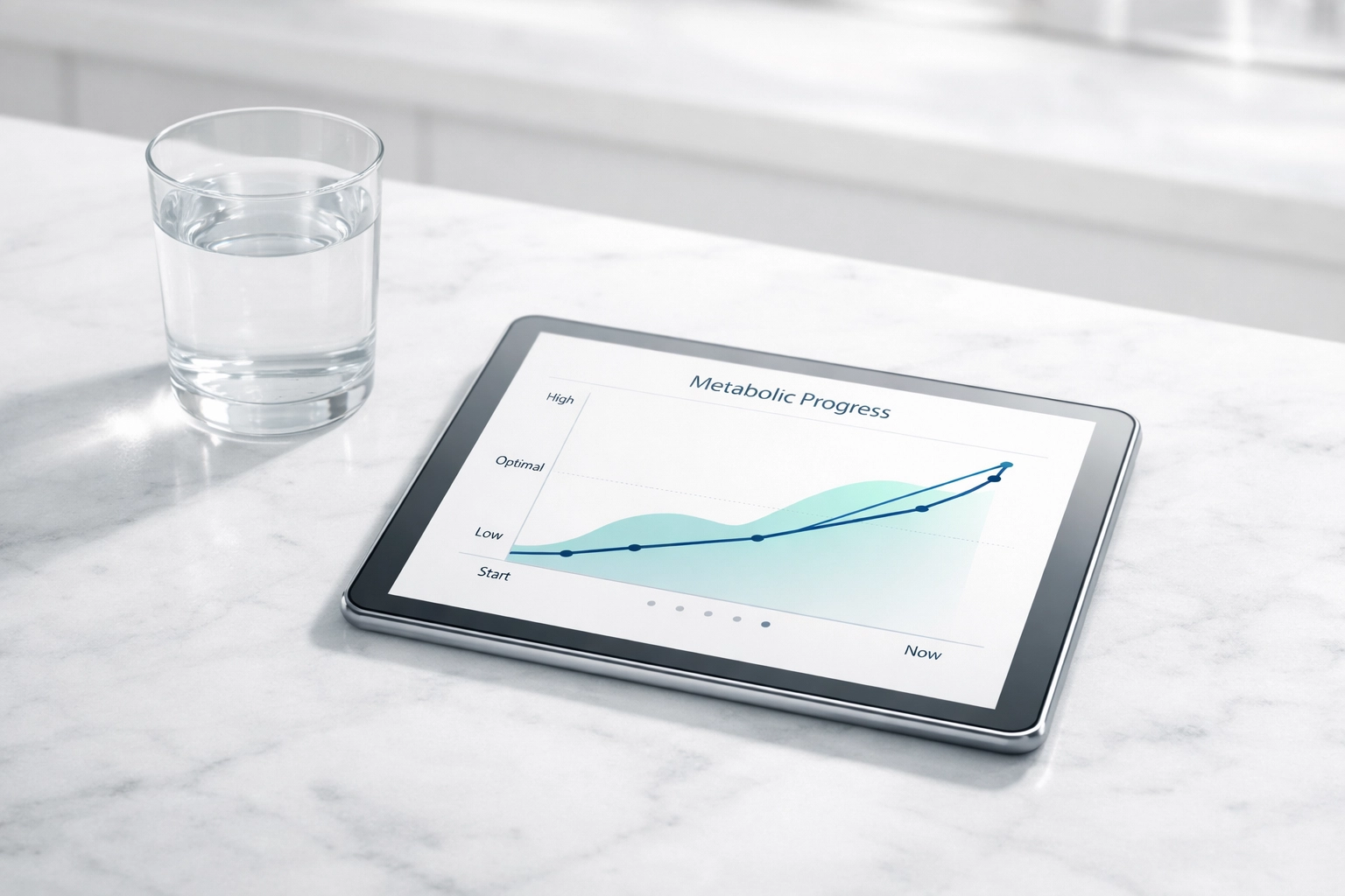 Digital health dashboard on a tablet tracking progress and results from GLP 1 agonist meds.