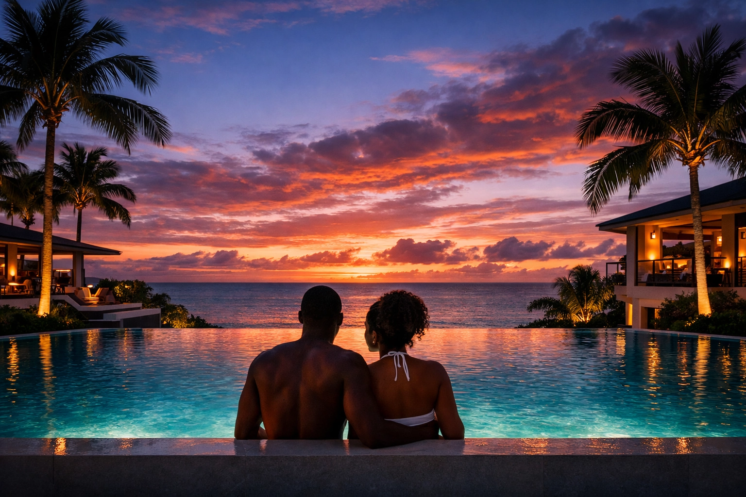 Sunset infinity pool view at a luxury getaway handled through Lifestyle Resorts booking.