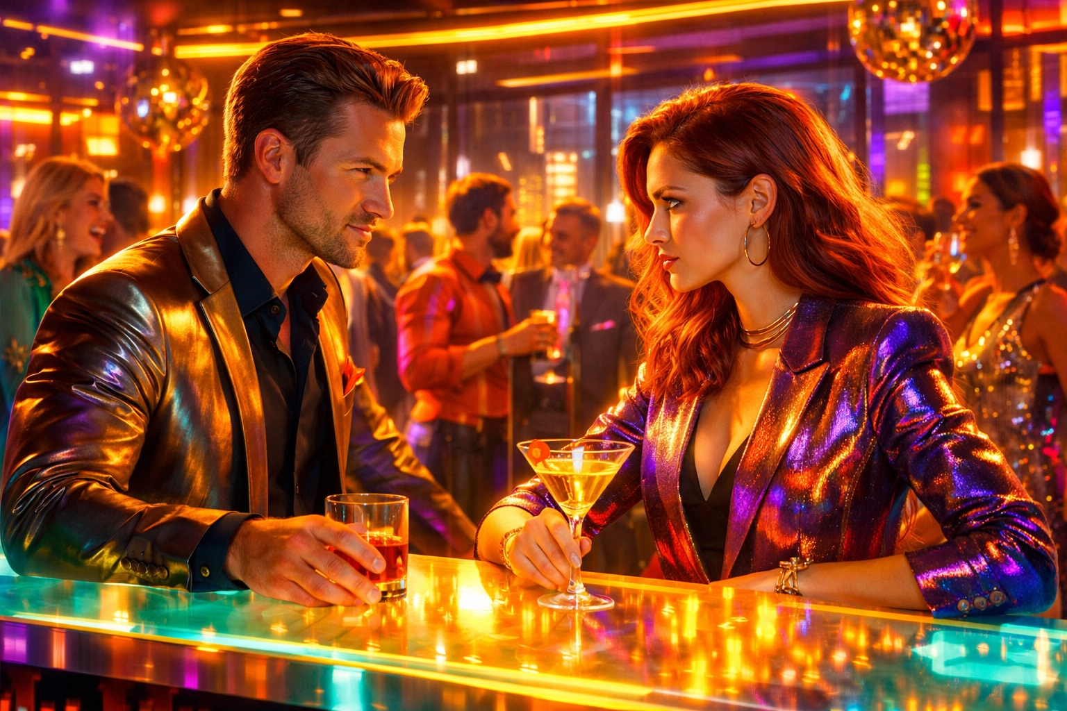 A couple sharing a knowing glance during a busy professional office networking party.