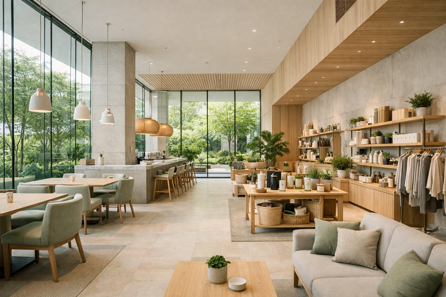 Wide-angle view of a sustainable hotel lobby featuring hybrid dining concepts and minimalist design.