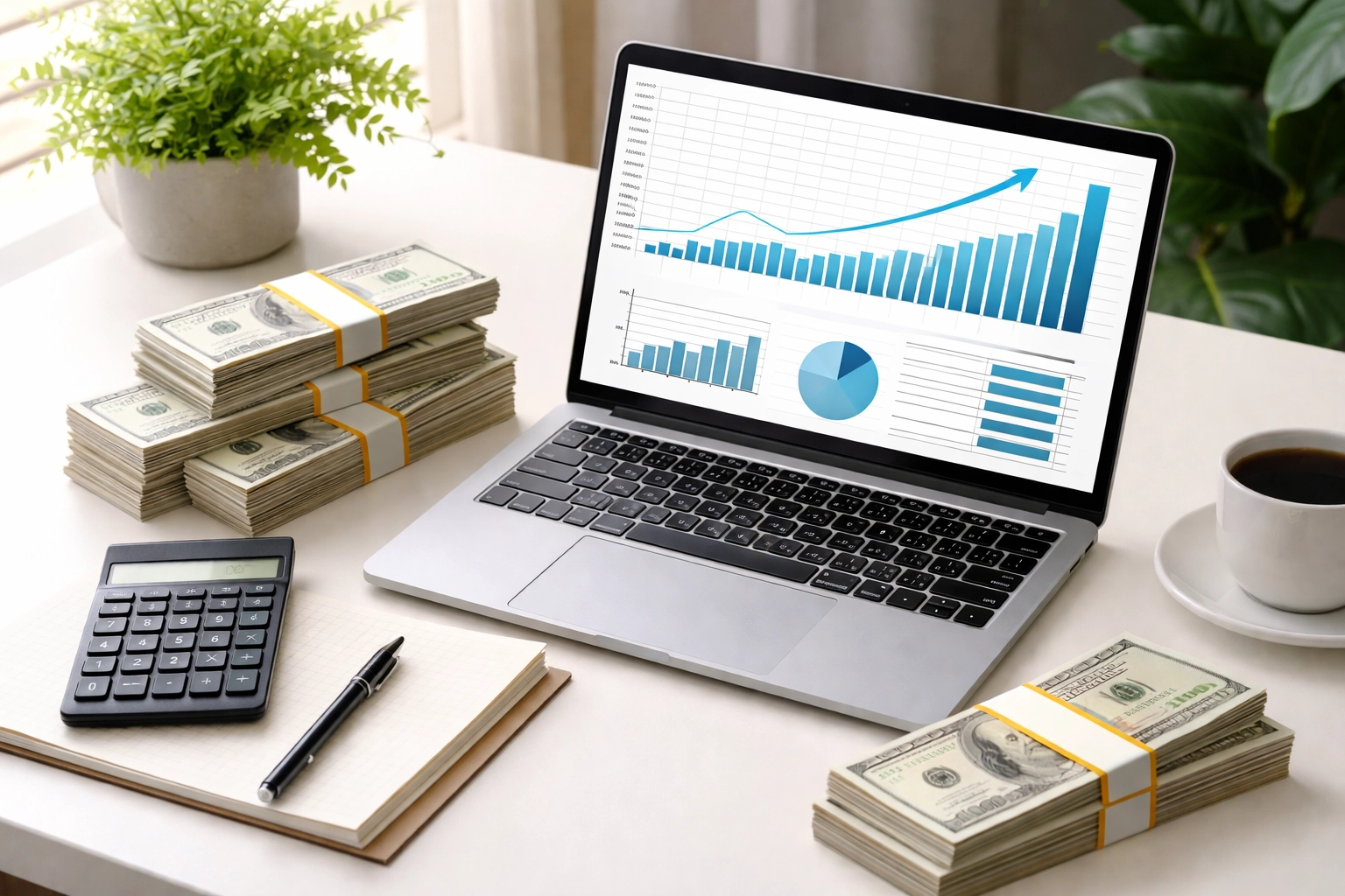 Restaurant manager's desk with cash and a laptop displaying financial growth from direct online orders