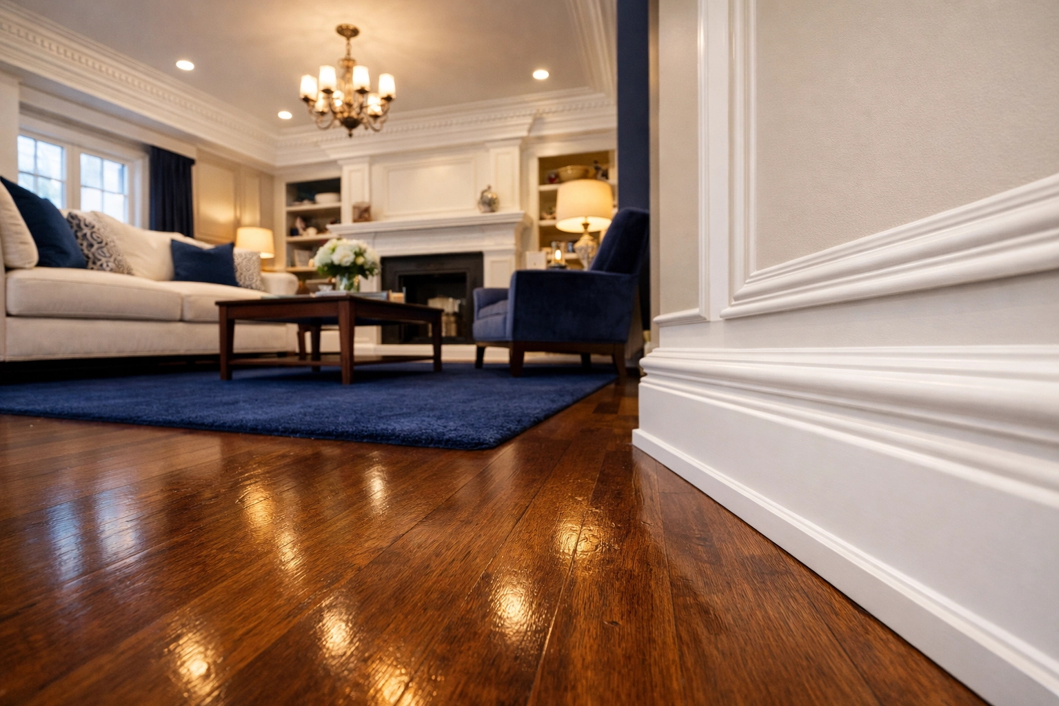 Spotless hardwood floors and white baseboards after a professional house cleaning in Marlborough.