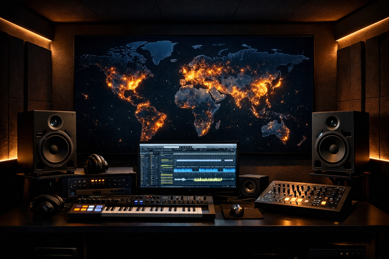 Modern music production studio with global heatmap data showing artist market positioning and streaming trends.