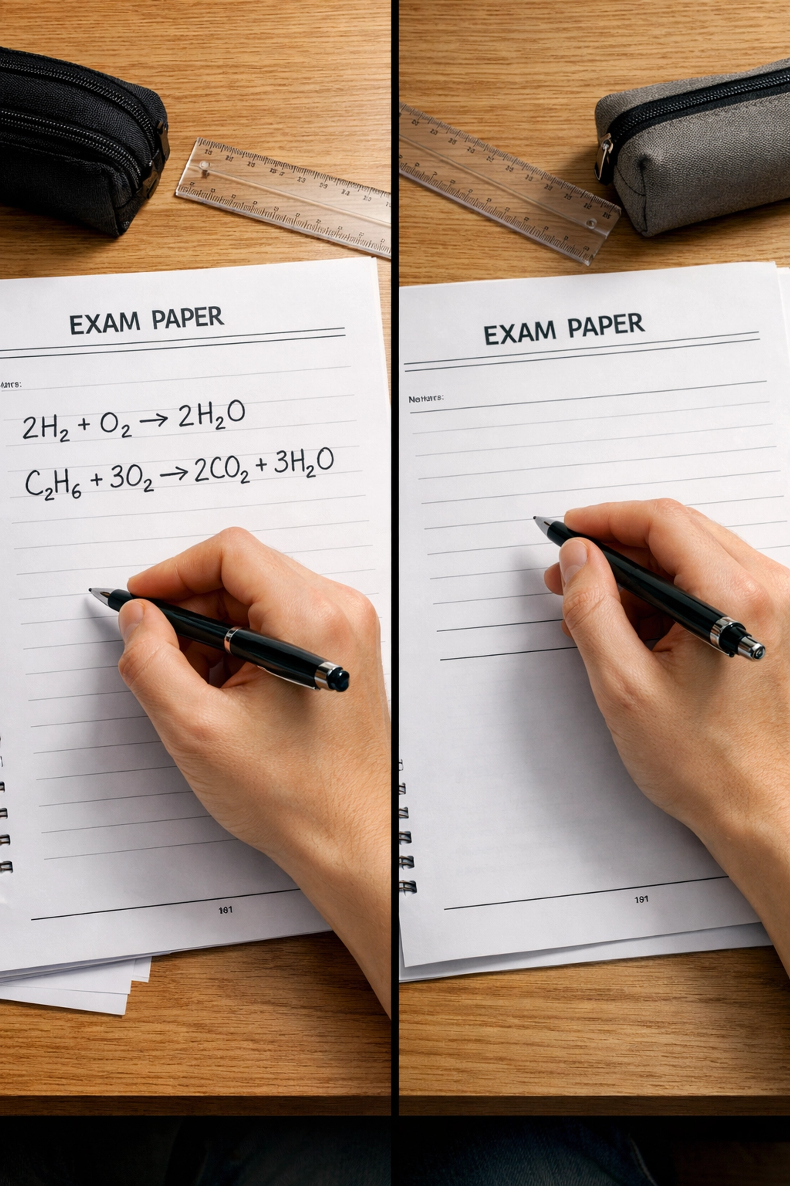 A-Level Chemistry exam performance: confident vs hesitant student writing in exam hall