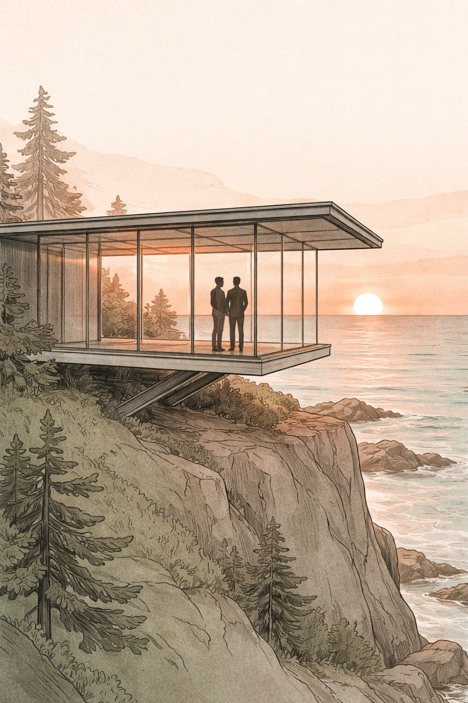 Two men in a modern glass house on a cliff at sunset, showing strong foundation and emotional connection in MM romance.